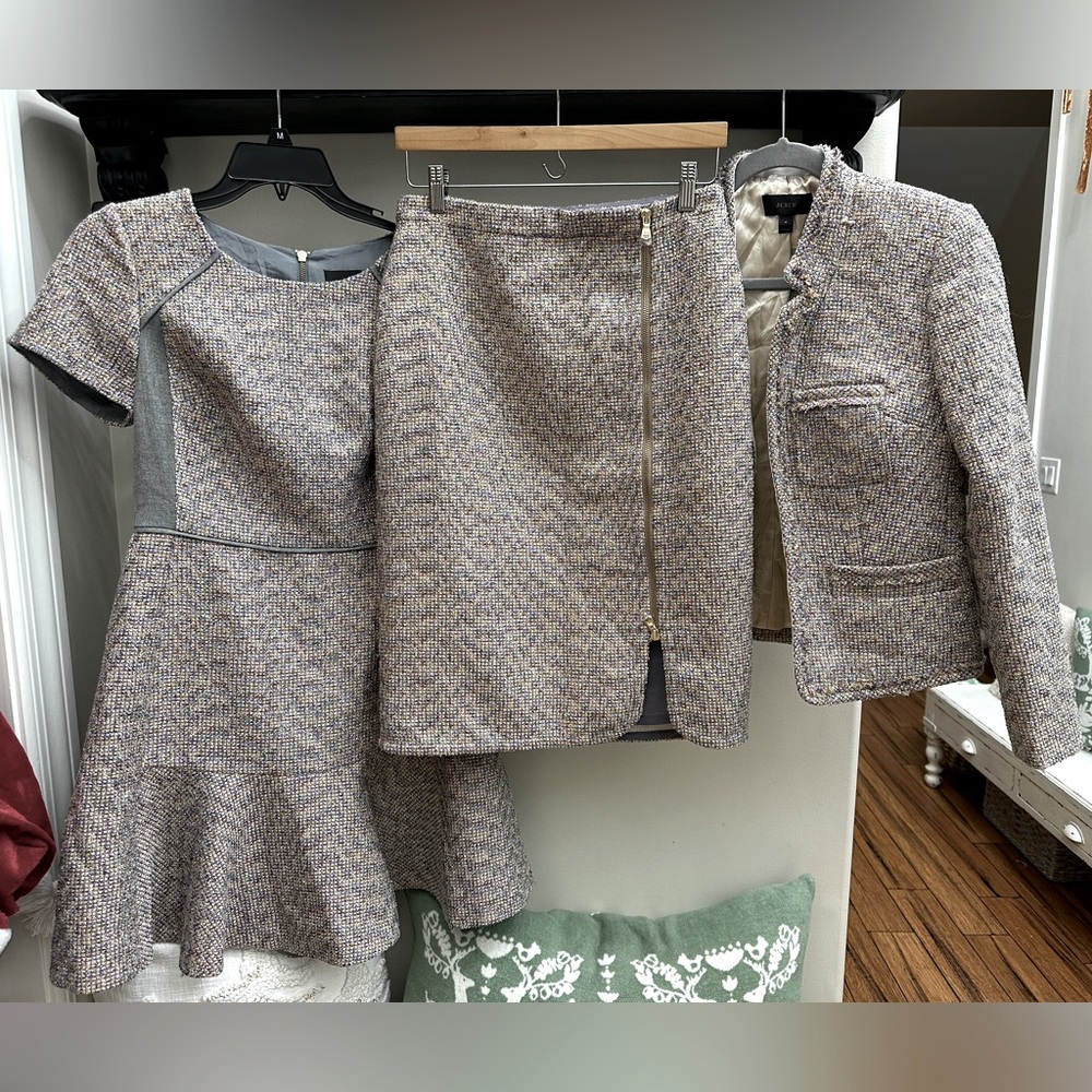 NWT J. Crew Purple Metallic Tweed 3 Piece Dress, Skirt, Blazer Set Sparkle